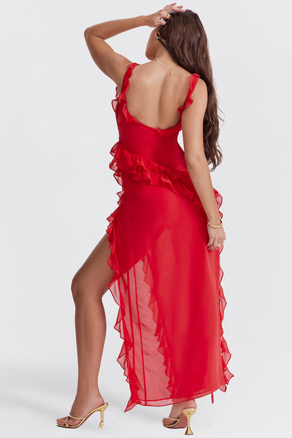 Maxi Dress | Asymmetrical Ruffles, High Slit-Maxi Dresses-Mykonostore-Mykonostore