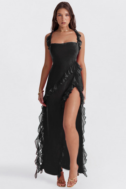 Maxi Dress | Asymmetrical Ruffles, High Slit-Maxi Dresses-Mykonostore-Black-XS-Mykonostore