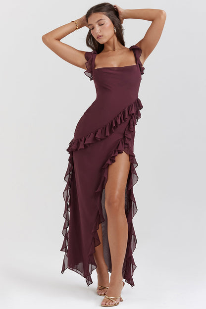 Maxi Dress | Asymmetrical Ruffles, High Slit-Maxi Dresses-Mykonostore-Dark Red-XS-Mykonostore