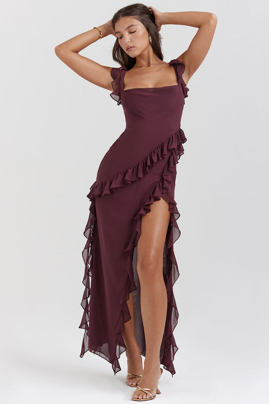 Maxi Dress | Asymmetrical Ruffles, High Slit-Maxi Dresses-Mykonostore-Dark Red-XS-Mykonostore
