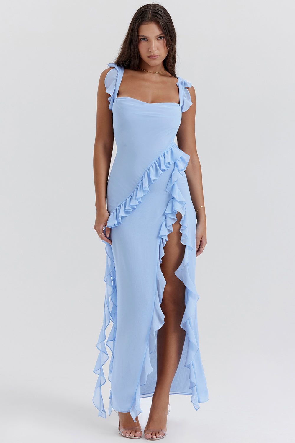 Maxi Dress | Asymmetrical Ruffles, High Slit-Maxi Dresses-Mykonostore-Light Blue-XS-Mykonostore