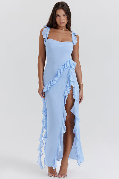 Maxi Dress | Asymmetrical Ruffles, High Slit-Maxi Dresses-Mykonostore-Light Blue-XS-Mykonostore