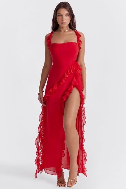 Maxi Dress | Asymmetrical Ruffles, High Slit-Maxi Dresses-Mykonostore-Red-XS-Mykonostore
