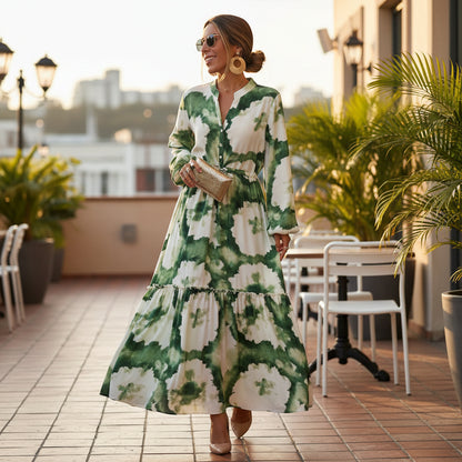 Maxi Dress | Elegant Long Sleeve V-Neck Design for Women-Maxi Dresses-Mykonostore-Green-S-Mykonostore