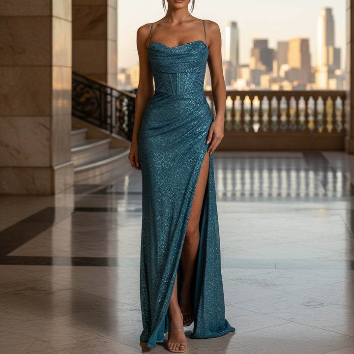 Maxi Dress | Sequined Corset Design with High Slit for Women-Dresses-Mykonostore-Blue-S-Mykonostore