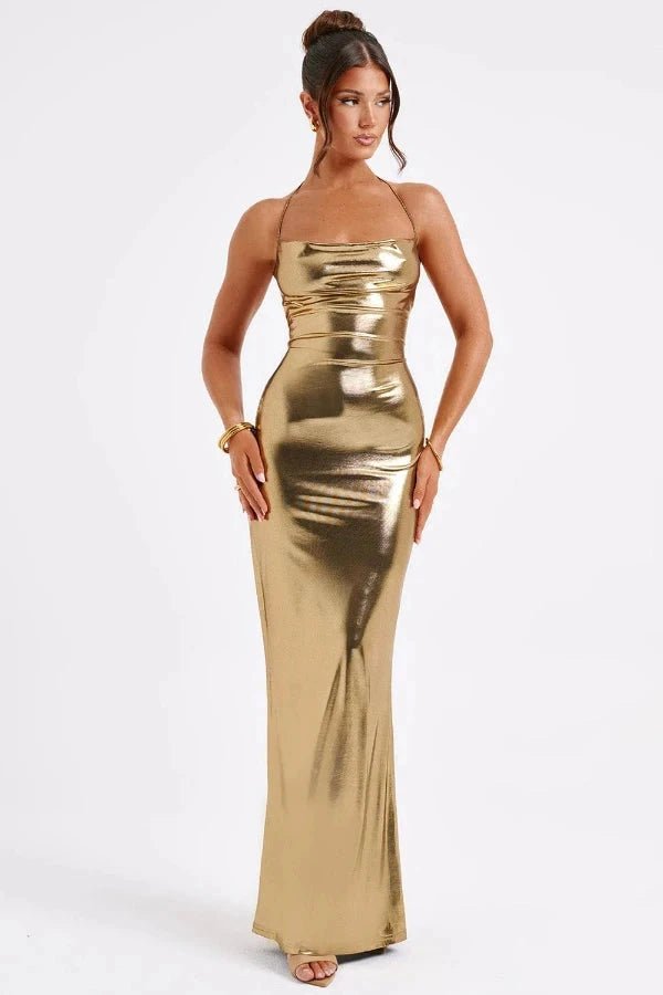 Backless maxi dress with a cowl neck, designed for elegant formal events. 0
