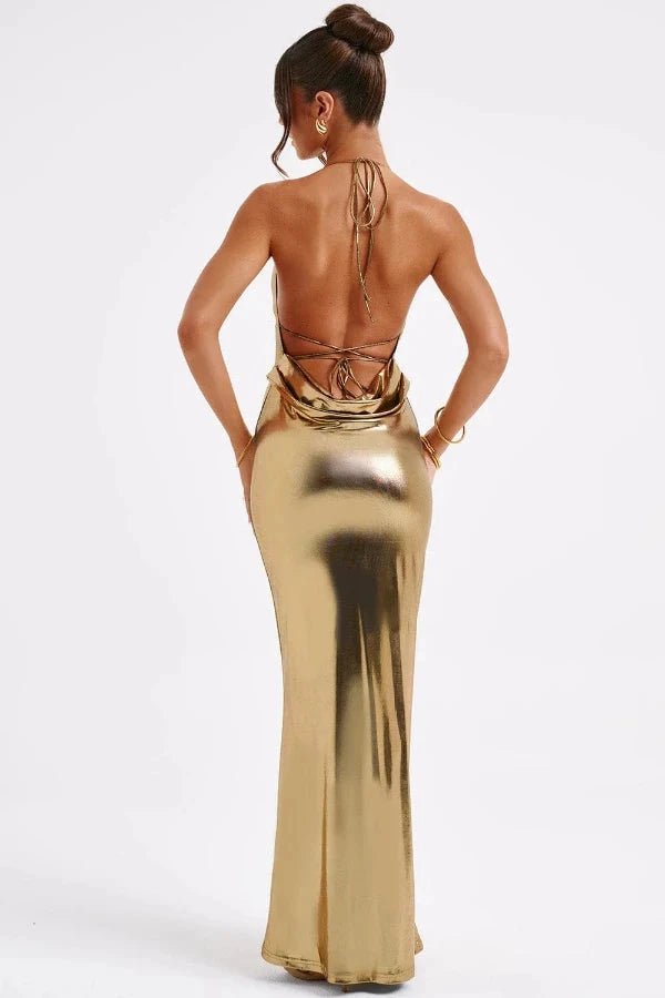 Backless maxi dress with a cowl neck, designed for elegant formal events. 3