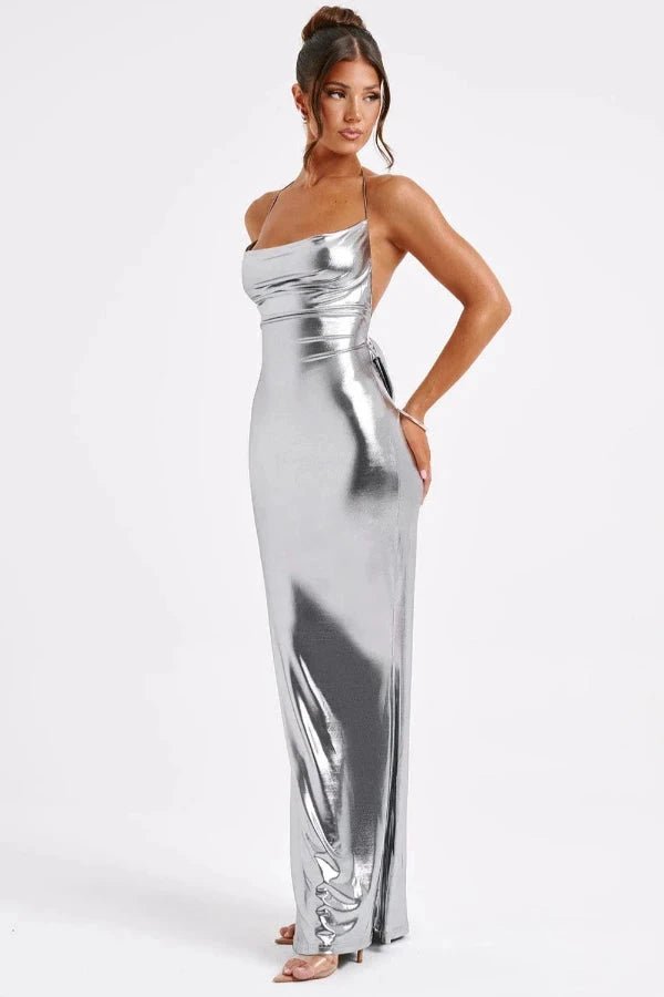 Backless maxi dress with a cowl neck, designed for elegant formal events. 5
