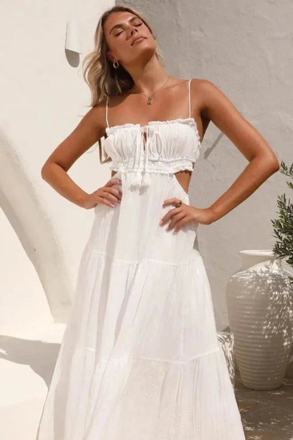 Maxi dress with a tie-up back design, featuring a flowing silhouette suitable for formal occasions. 0
