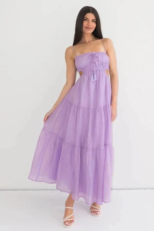 Maxi dress with a tie-up back design, featuring a flowing silhouette suitable for formal occasions. 2