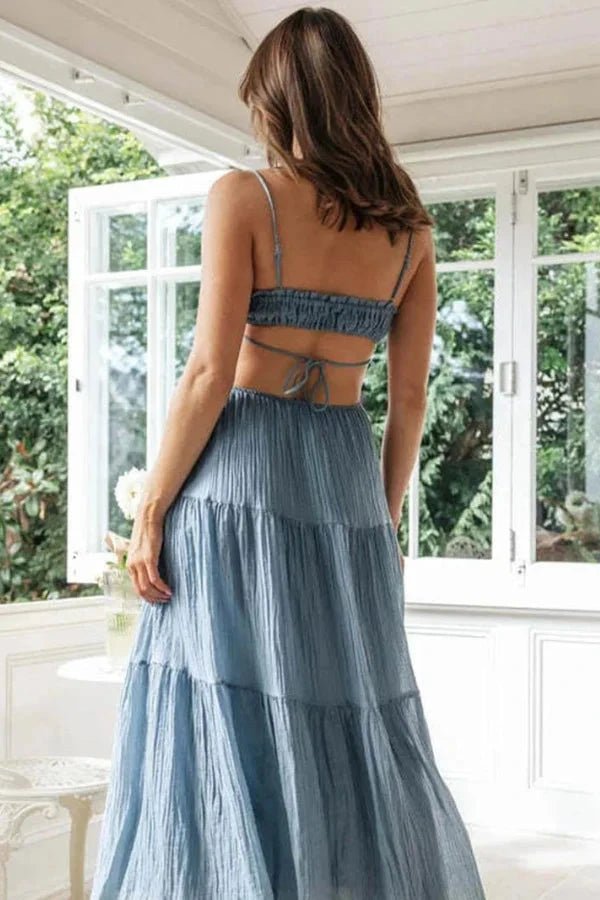 Maxi dress with a tie-up back design, featuring a flowing silhouette suitable for formal occasions. 6