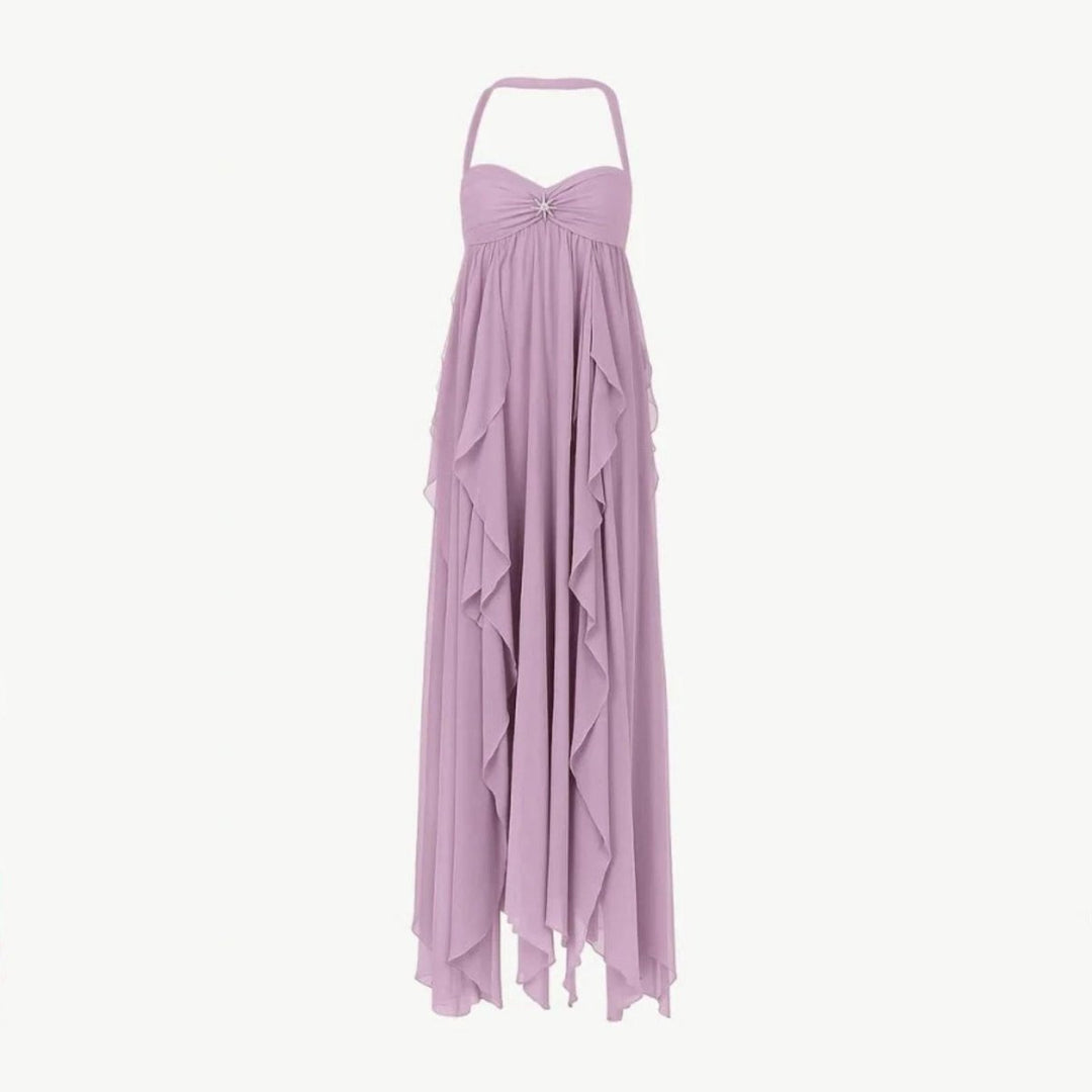 Maxi dress with an open back and embellished detail, perfect for formal occasions. 0