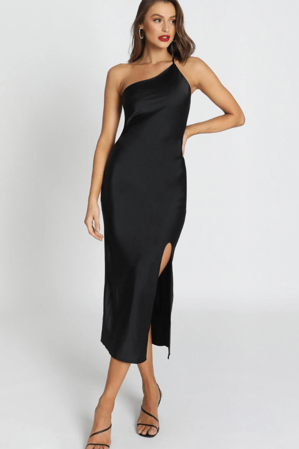Maxi dress with an open back and thigh-high slit, perfect for formal occasions. 1