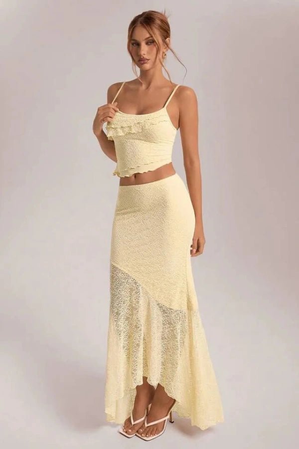 Maxi skirt set featuring an asymmetrical hem camisole, perfect for casual outings. 0