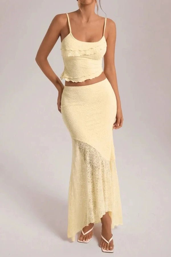 Maxi skirt set featuring an asymmetrical hem camisole, perfect for casual outings. 1