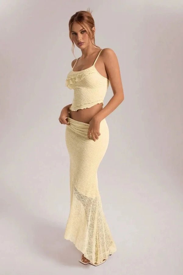 Maxi skirt set featuring an asymmetrical hem camisole, perfect for casual outings. 2