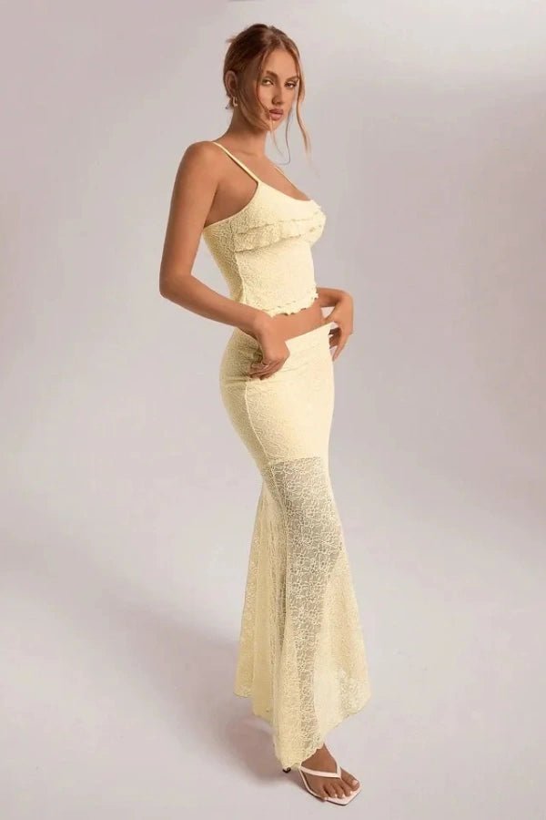 Maxi skirt set featuring an asymmetrical hem camisole, perfect for casual outings. 5
