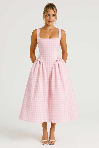 Midi Dress | Elegant Princess Cut with Square Neck-Women's Dresses-Mykonostore-Pink-S-Mykonostore