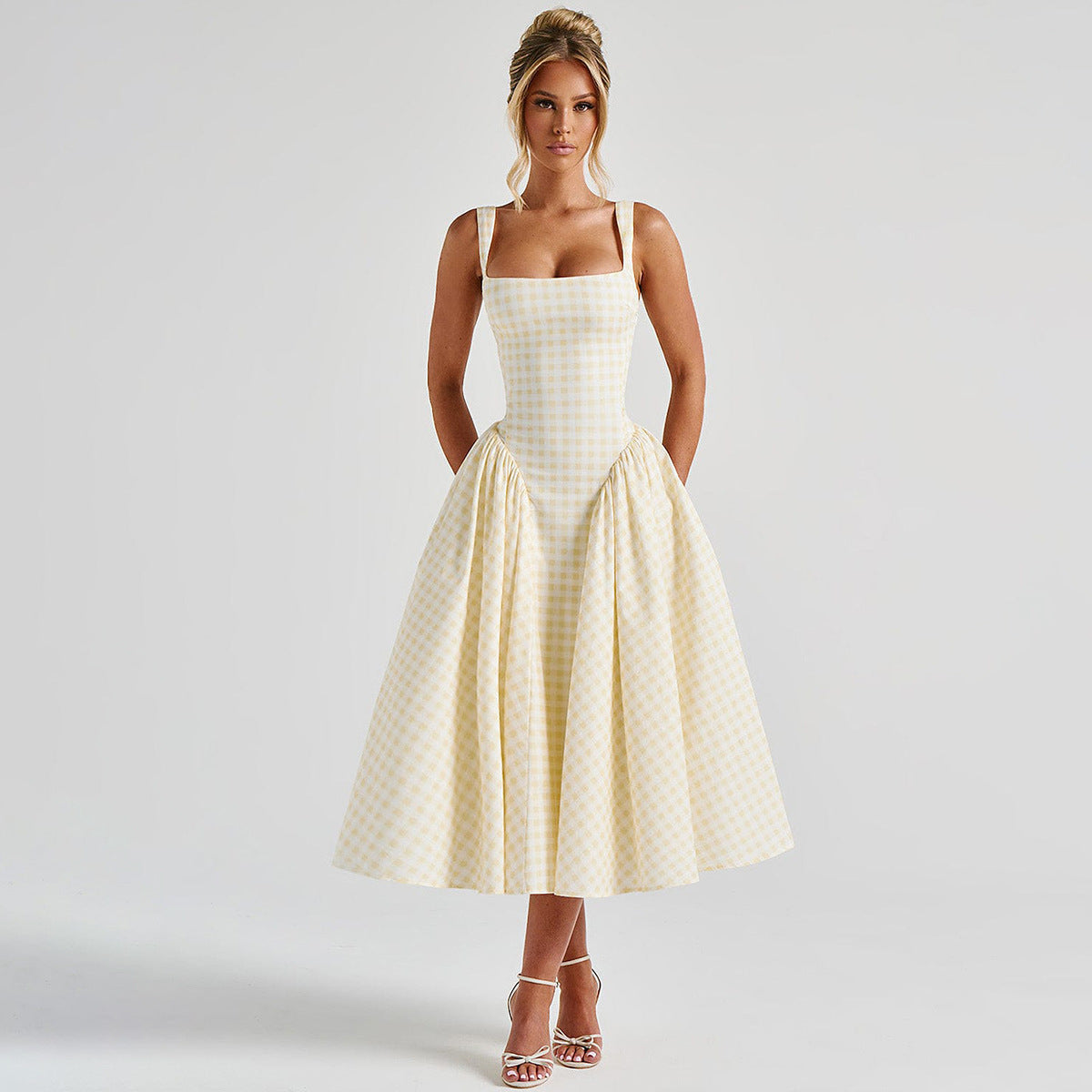 Midi Dress | Elegant Princess Cut with Square Neck-Women's Dresses-Mykonostore-Yellow-S-Mykonostore