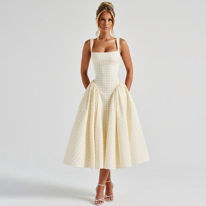 Midi Dress | Elegant Princess Cut with Square Neck-Women's Dresses-Mykonostore-Yellow-S-Mykonostore