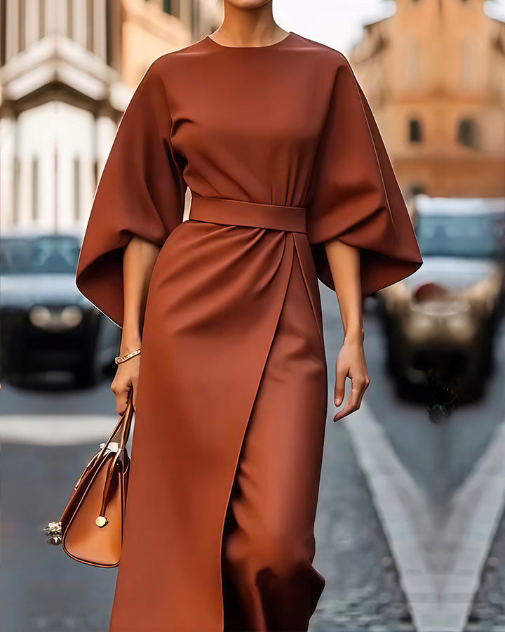 Midi Dress | Elegant Three-Quarter Sleeves-Women's Dresses-Mykonostore-Brick Red-S-Mykonostore