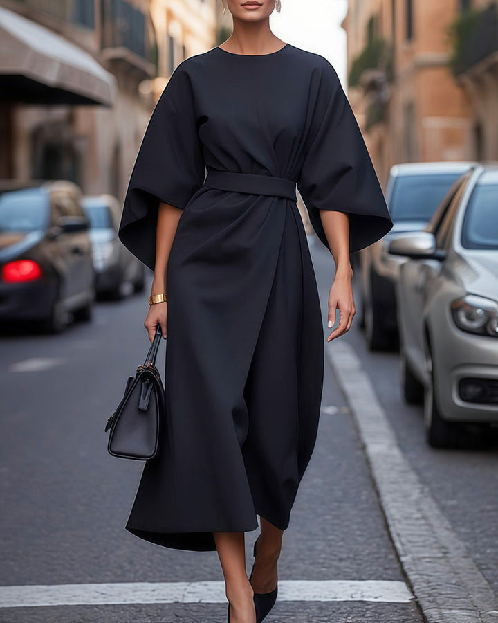 Midi Dress | Elegant Three-Quarter Sleeves-Women's Dresses-Mykonostore-Navy Blue-S-Mykonostore