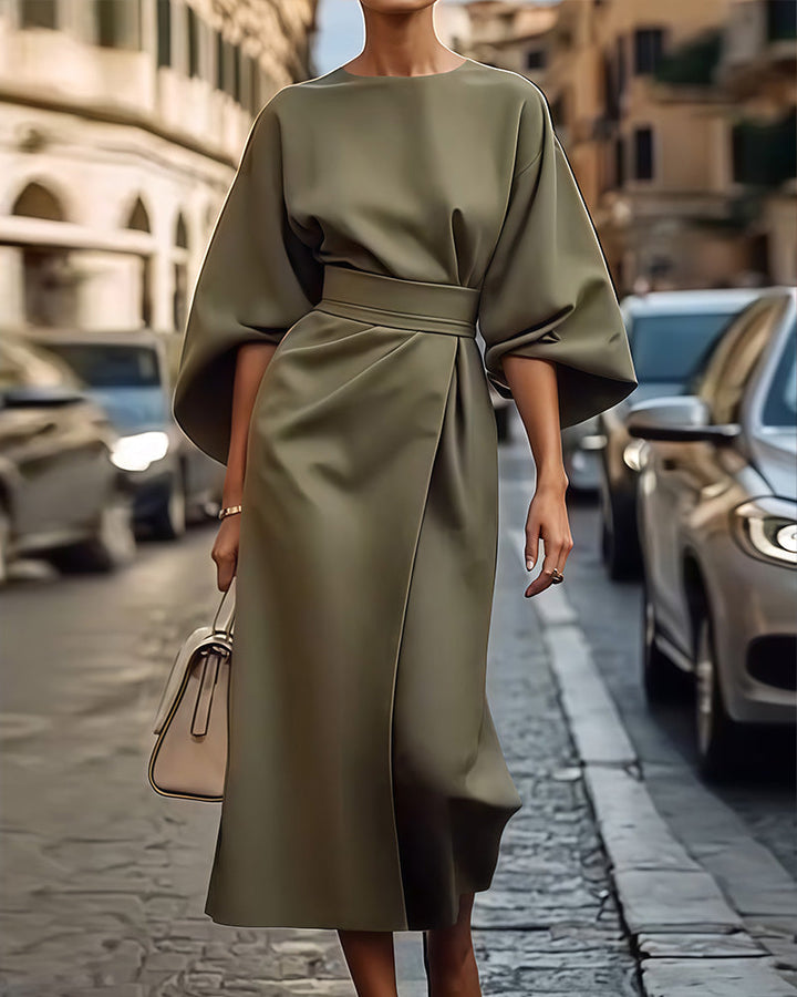 Midi Dress | Elegant Three-Quarter Sleeves-Women's Dresses-Mykonostore-Olive Green-S-Mykonostore