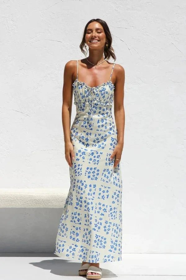 Midi dress featuring a square neckline and ruffles, designed for casual outings. 0