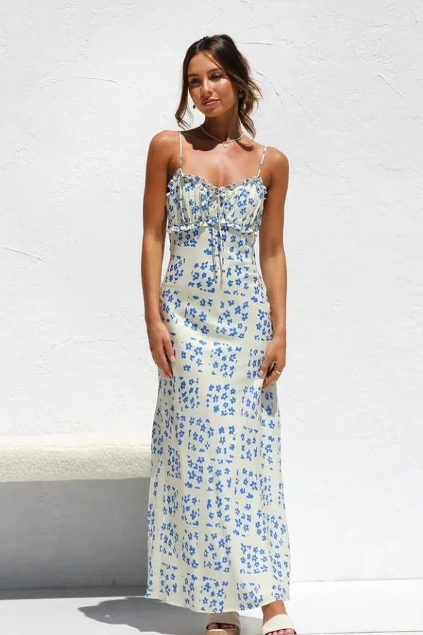 Midi dress featuring a square neckline and ruffles, designed for casual outings. 1