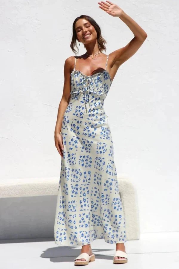 Midi dress featuring a square neckline and ruffles, designed for casual outings. 2