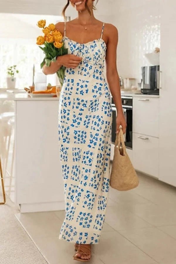 Midi dress featuring a square neckline and ruffles, designed for casual outings. 3