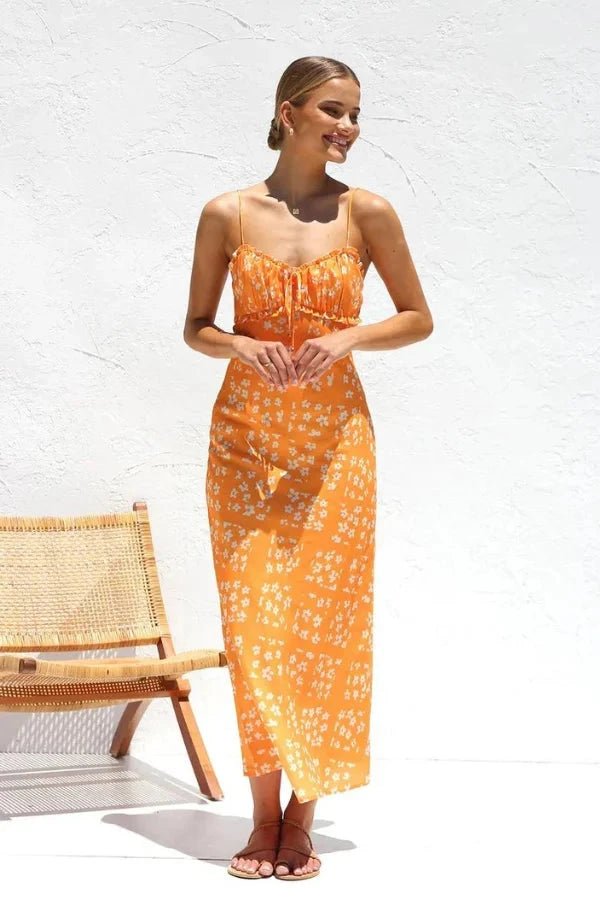 Midi dress featuring a square neckline and ruffles, designed for casual outings. 7