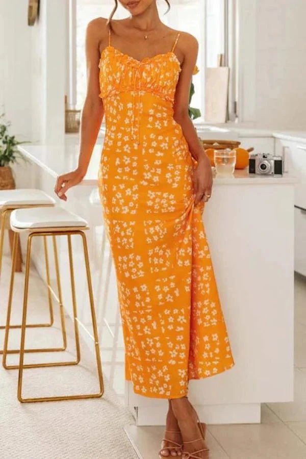 Midi dress featuring a square neckline and ruffles, designed for casual outings. 8