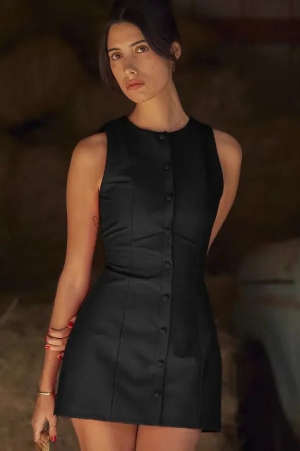 A mini dress featuring a button front design, with a fitted silhouette, suitable for casual outings. 6