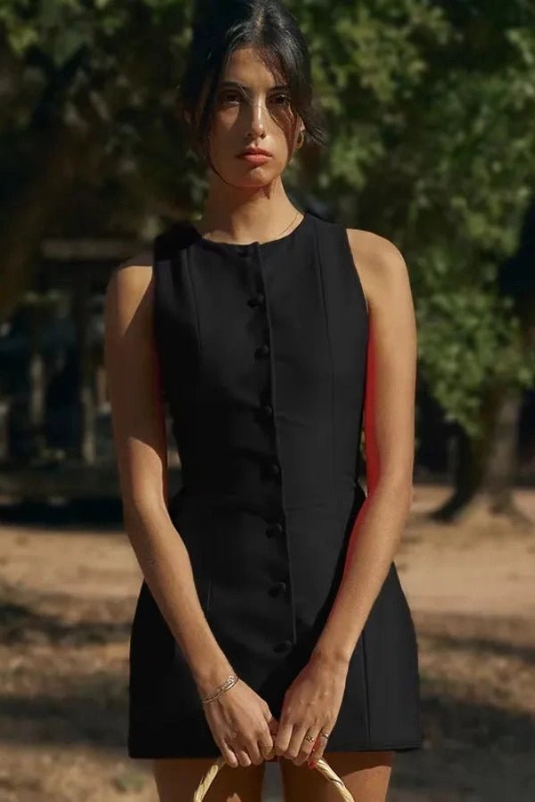A mini dress featuring a button front design, with a fitted silhouette, suitable for casual outings. 8