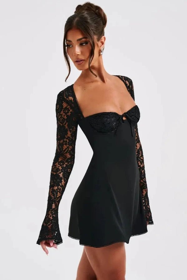 Mini dress featuring flared sleeves and a cupped bust, designed for a stylish evening out. 2