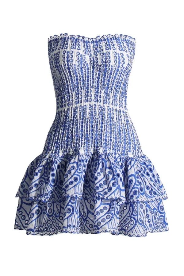 Strapless bodycon mini dress featuring intricate embroidery, perfect for a night out. 0