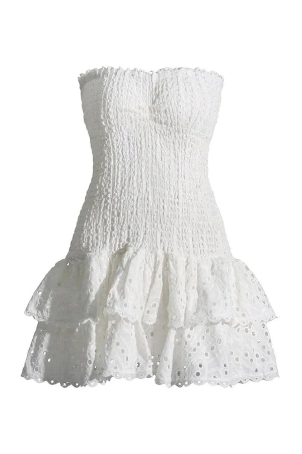 Strapless bodycon mini dress featuring intricate embroidery, perfect for a night out. 10