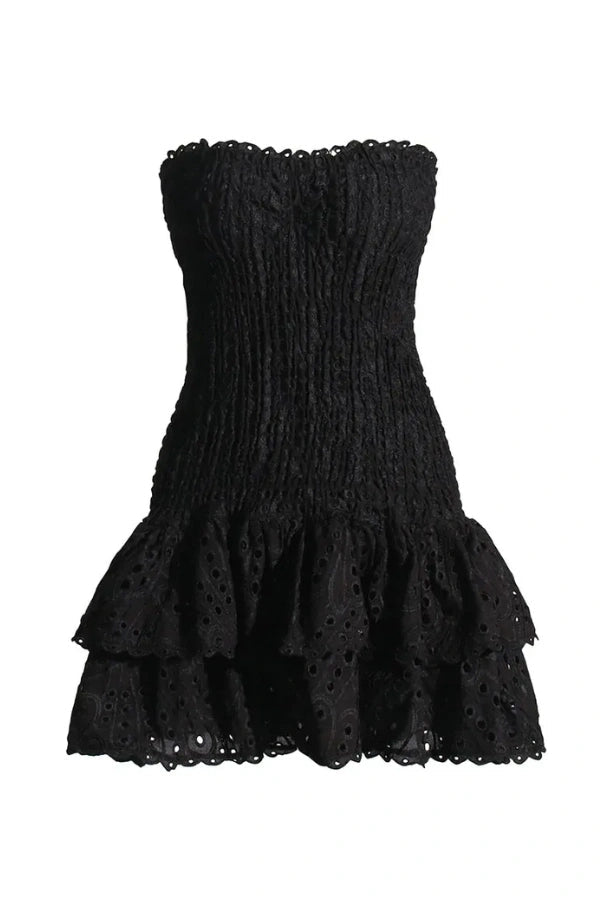 Strapless bodycon mini dress featuring intricate embroidery, perfect for a night out. 11