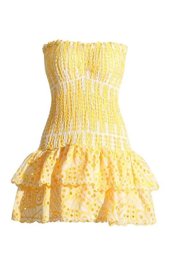 Strapless bodycon mini dress featuring intricate embroidery, perfect for a night out. 6