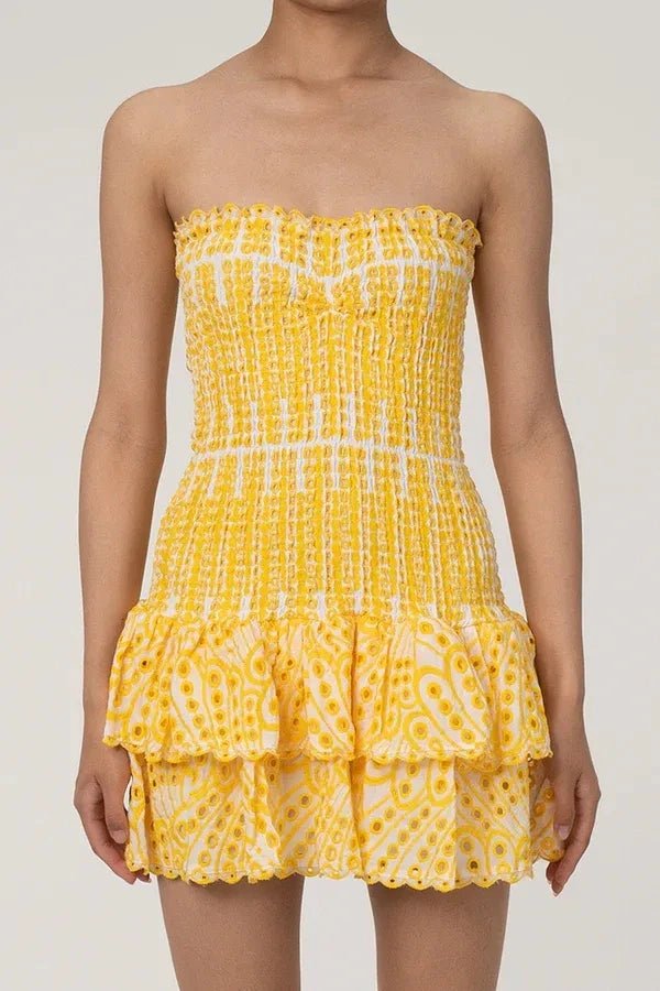 Strapless bodycon mini dress featuring intricate embroidery, perfect for a night out. 7