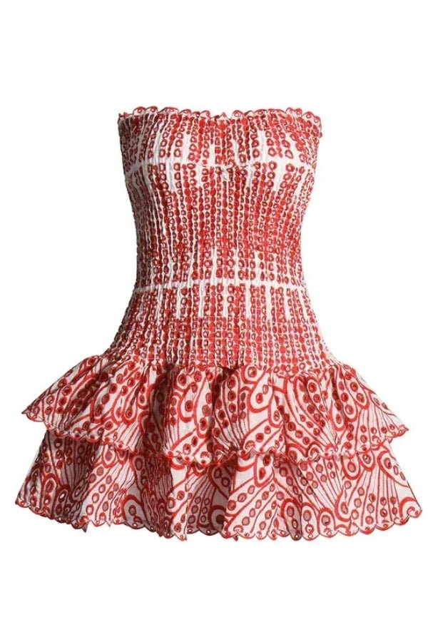 Strapless bodycon mini dress featuring intricate embroidery, perfect for a night out. 9