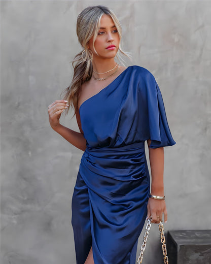 One-Shoulder Dress | Asymmetrical Cut, Fitted Silhouette | Wedding Guest Dresses, Cocktail Dresses-Dresses-Mykonostore-Blue-S-Mykonostore