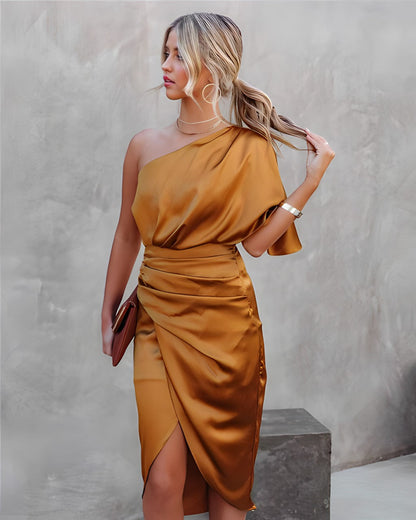 One-Shoulder Dress | Asymmetrical Cut, Fitted Silhouette | Wedding Guest Dresses, Cocktail Dresses-Dresses-Mykonostore-Orange-S-Mykonostore