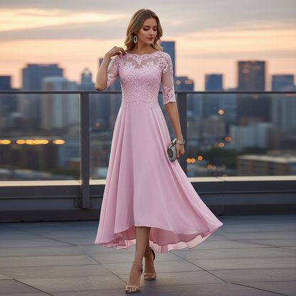 Party Dress | Lace Detail, Flattering Fit-Women's Dresses-Mykonostore-Pink-S-Mykonostore