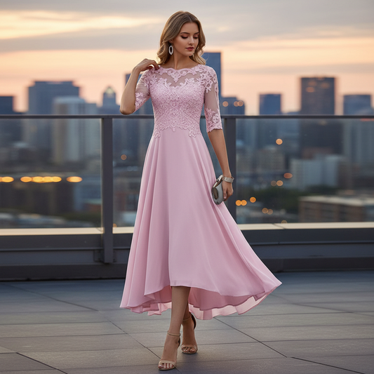 Party Dress | Lace Detail, Flattering Fit-Women's Dresses-Mykonostore-Pink-S-Mykonostore