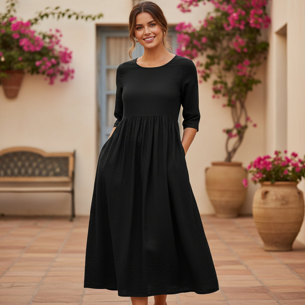 Pleated Midi Dress | Vintage-Inspired Loose Fit Design-Women’s Dresses-Mykonostore-Black-S-Mykonostore