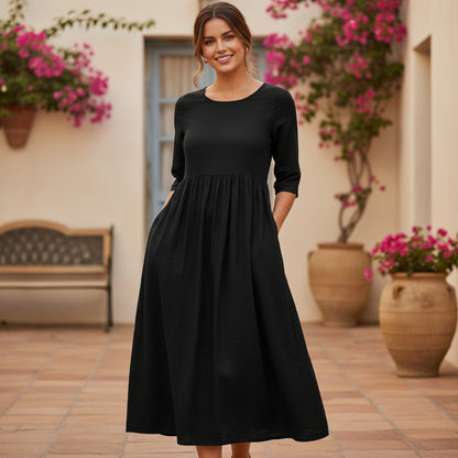 Pleated Midi Dress | Vintage-Inspired Loose Fit Design-Women’s Dresses-Mykonostore-Black-S-Mykonostore
