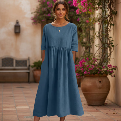 Pleated Midi Dress | Vintage-Inspired Loose Fit Design-Women’s Dresses-Mykonostore-Dark Blue-S-Mykonostore
