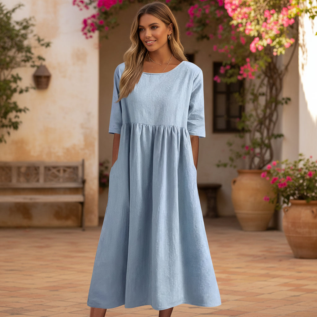 Pleated Midi Dress | Vintage-Inspired Loose Fit Design-Women’s Dresses-Mykonostore-Light Blue-S-Mykonostore